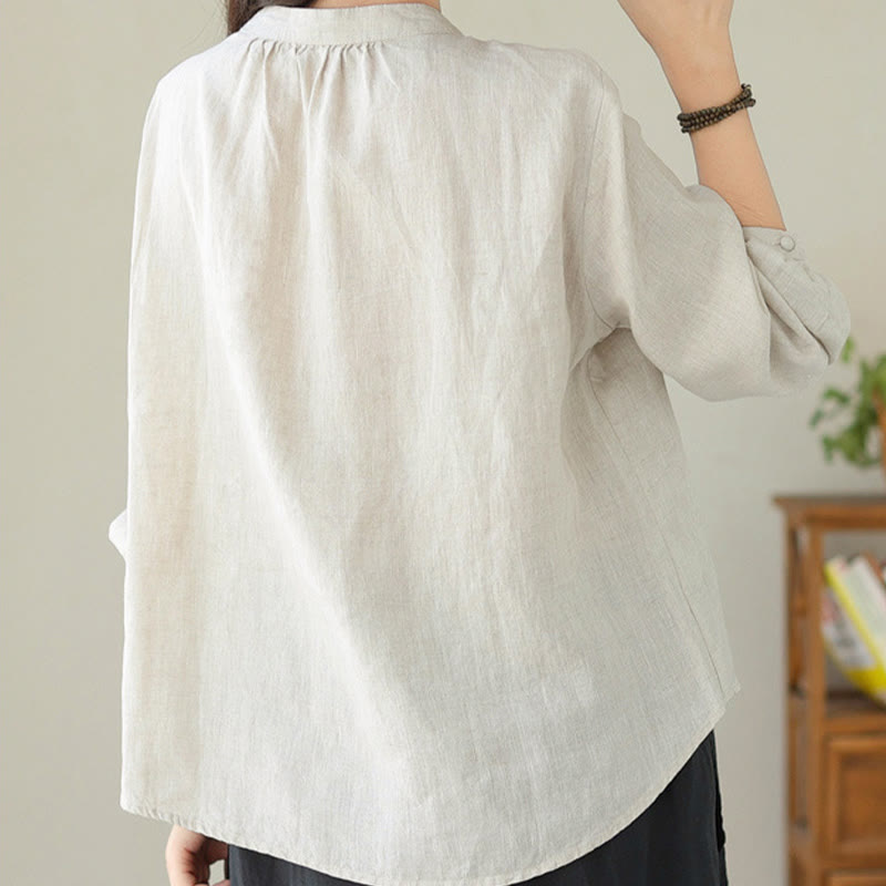 Buddha Stones Fall Casual Solid Color Stand Collar Long Sleeve Cotton Linen Women's Shirt - image 17