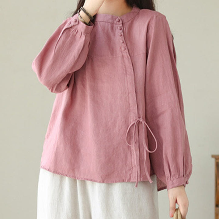 Buddha Stones Fall Casual Solid Color Stand Collar Long Sleeve Cotton Linen Women's Shirt - image 26