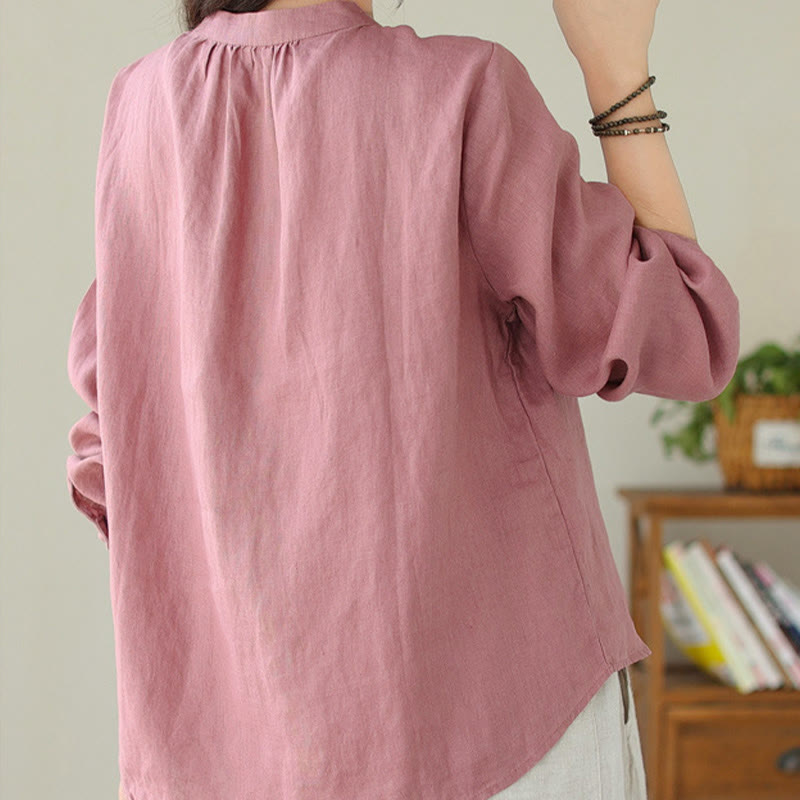 Buddha Stones Fall Casual Solid Color Stand Collar Long Sleeve Cotton Linen Women's Shirt - image 24