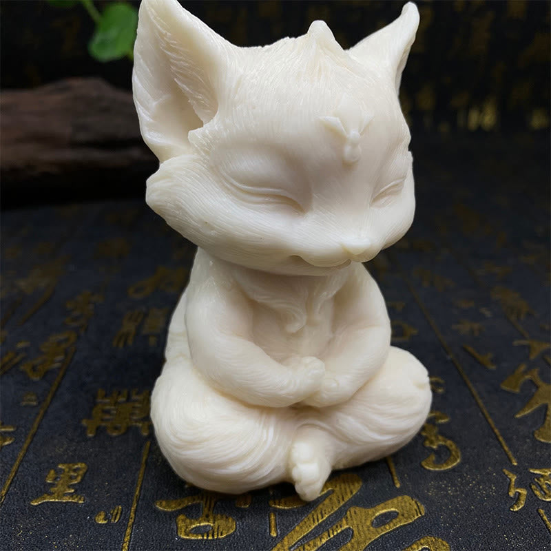 Buddha Stones Nine Tailed Fox Carved Ivory Fruit Blessing Home Decoration
