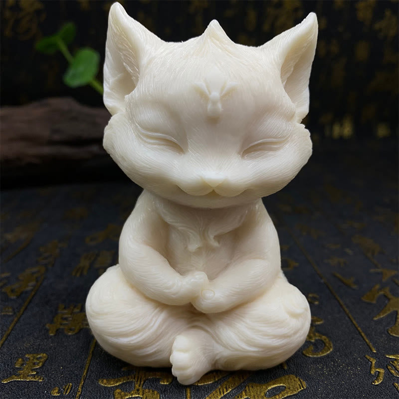 Buddha Stones Nine Tailed Fox Carved Ivory Fruit Blessing Home Decoration