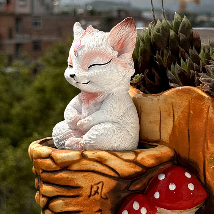 Buddha Stones Small Nine Tailed Fox Sitting Protection Resin Home Decoration