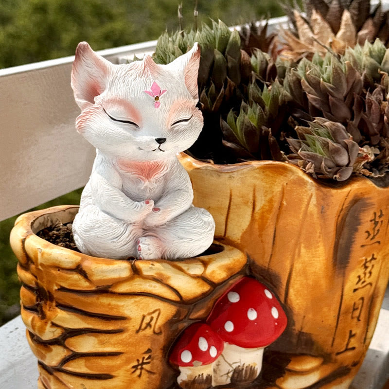 Buddha Stones Small Nine Tailed Fox Sitting Protection Resin Home Decoration