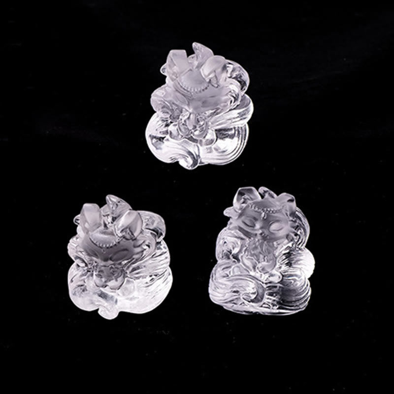 Buddha Stones Natural White Crystal Mini Small Nine Tailed Fox Carved Healing Home Decoration