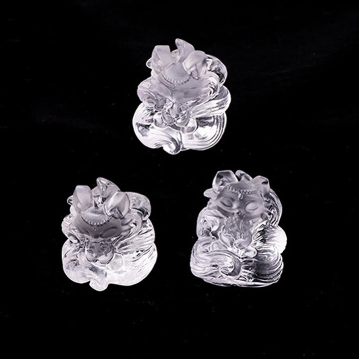Buddha Stones Natural White Crystal Mini Small Nine Tailed Fox Carved Healing Home Decoration
