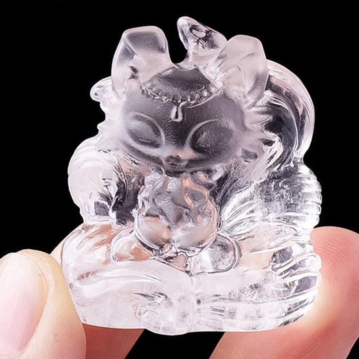 Buddha Stones Natural White Crystal Mini Small Nine Tailed Fox Carved Healing Home Decoration