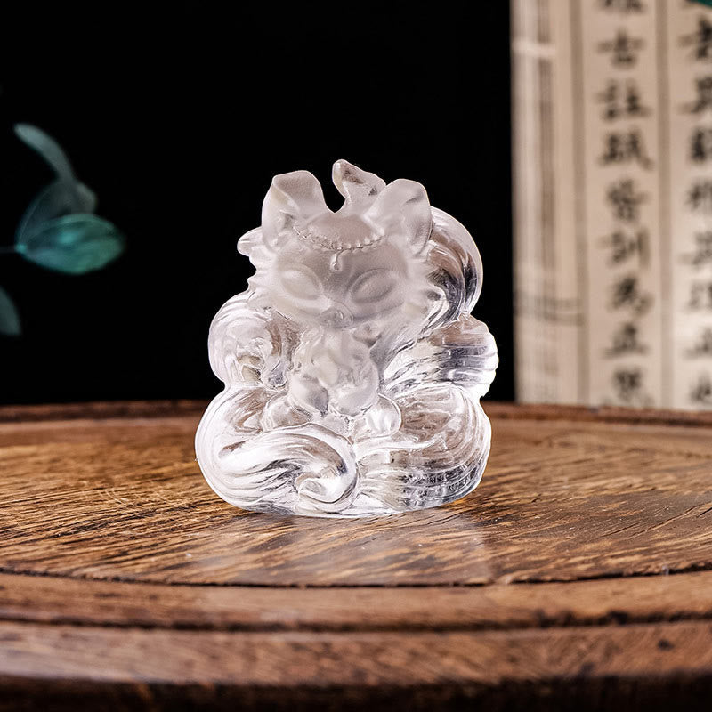 Buddha Stones Natural White Crystal Mini Small Nine Tailed Fox Carved Healing Home Decoration