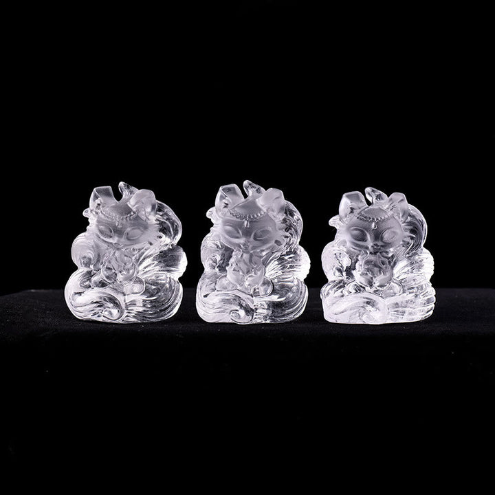 Buddha Stones Natural White Crystal Mini Small Nine Tailed Fox Carved Healing Home Decoration