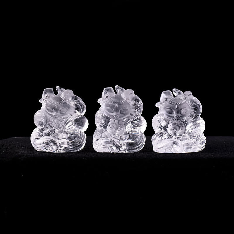 Buddha Stones Natural White Crystal Mini Small Nine Tailed Fox Carved Healing Home Decoration