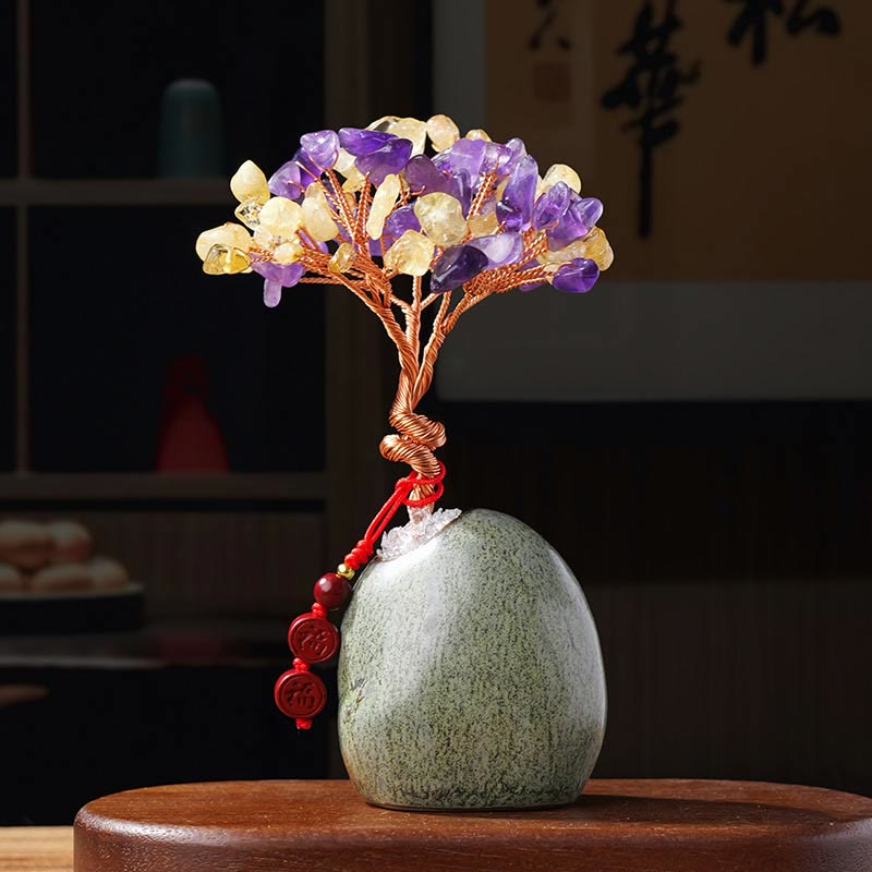 Buddha Stones Citrine Amethyst Green Aventurine Crystal Tree Ceramic Base Prosperity Home Decoration