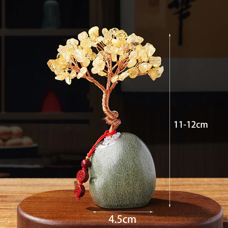 Buddha Stones Citrine Amethyst Green Aventurine Crystal Tree Ceramic Base Prosperity Home Decoration