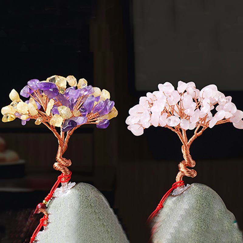 Buddha Stones Citrine Amethyst Green Aventurine Crystal Tree Ceramic Base Prosperity Home Decoration