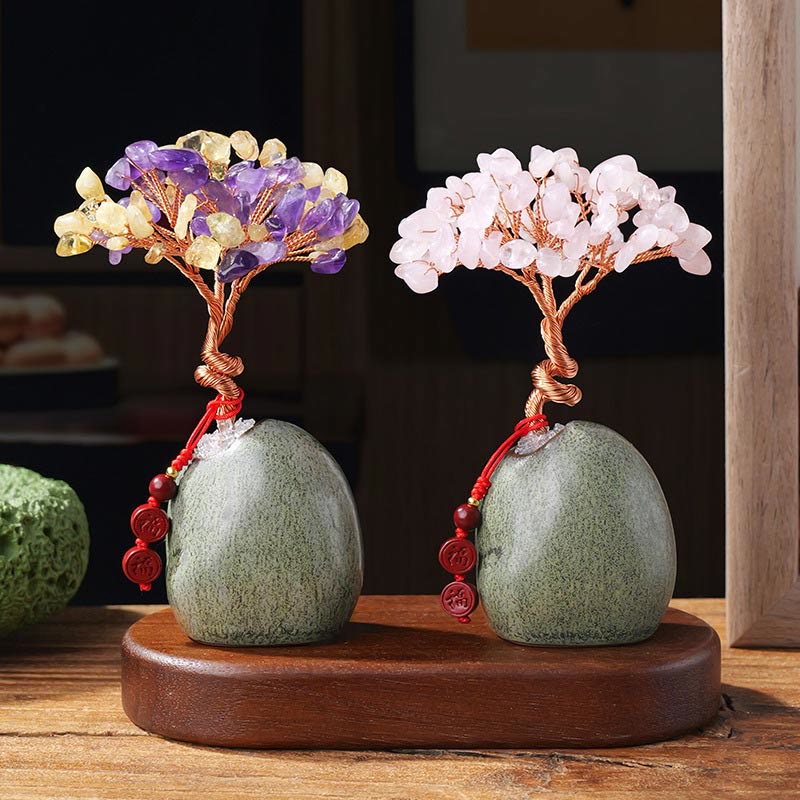 Buddha Stones Citrine Amethyst Green Aventurine Crystal Tree Ceramic Base Prosperity Home Decoration