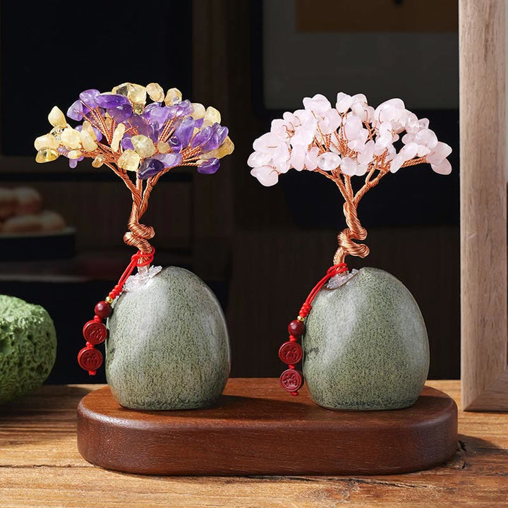 Buddha Stones Citrine Amethyst Green Aventurine Crystal Tree Ceramic Base Prosperity Home Decoration