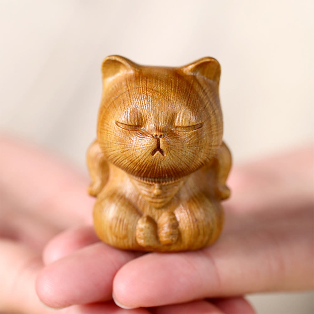 Buddha Stones Small Mini Green Sandalwood Lucky Cat Carved Soothing Decorations - image 5