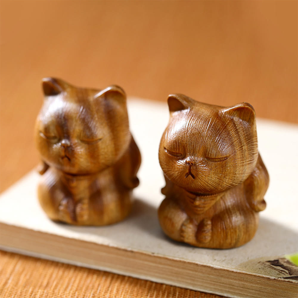Buddha Stones Small Mini Green Sandalwood Lucky Cat Carved Soothing Decorations - image 2