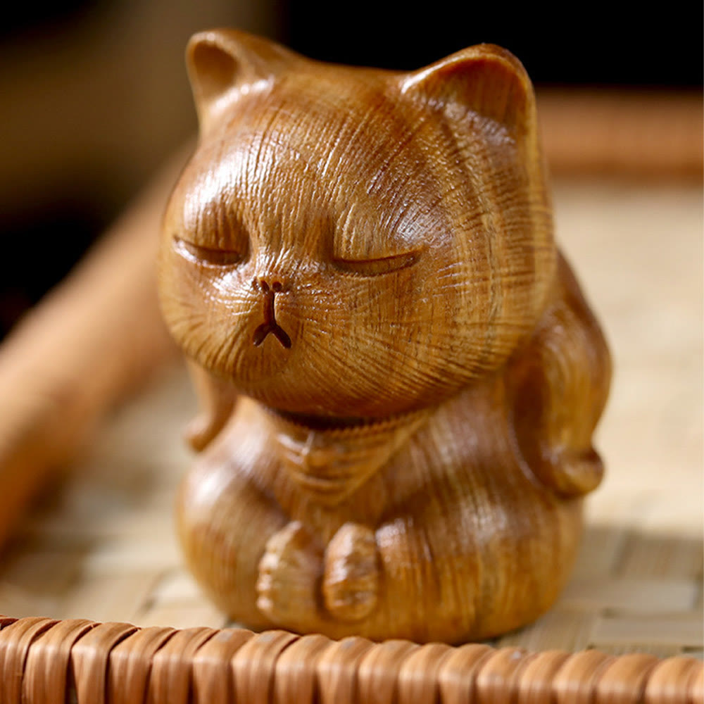 Buddha Stones Small Mini Green Sandalwood Lucky Cat Carved Soothing Decorations - image 3