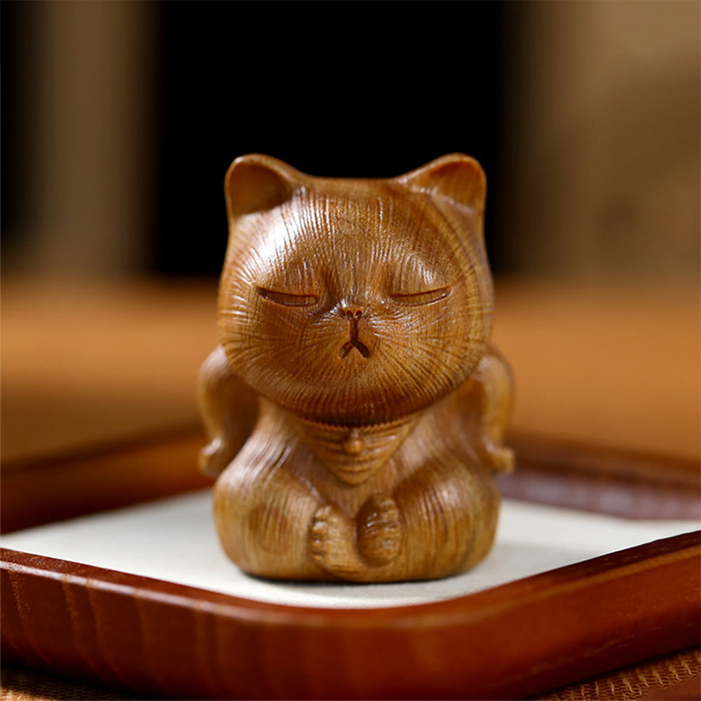 Buddha Stones Small Mini Green Sandalwood Lucky Cat Carved Soothing Decorations - Green Sandalwood 5*3.8*3.6cm - image 1