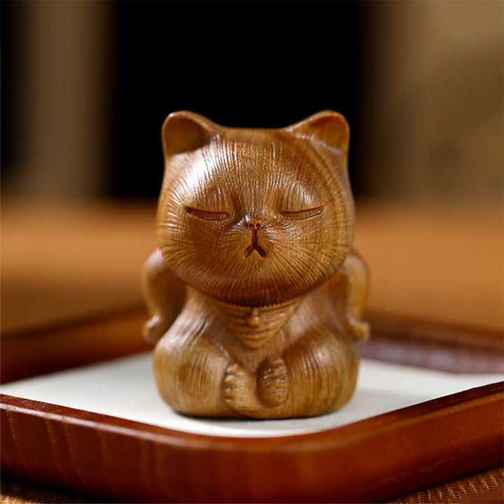Buddha Stones Small Mini Green Sandalwood Lucky Cat Carved Soothing Decorations - Green Sandalwood 5*3.8*3.6cm - image 1