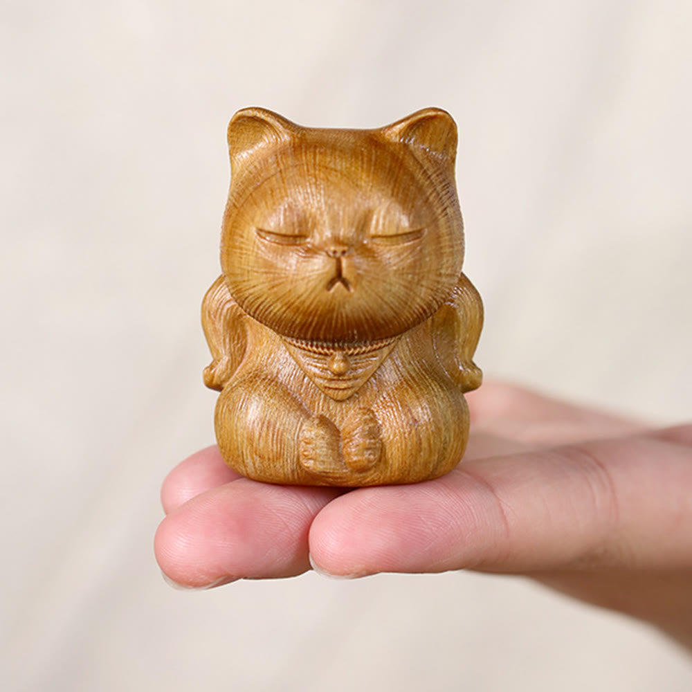 Buddha Stones Small Mini Green Sandalwood Lucky Cat Carved Soothing Decorations - image 9