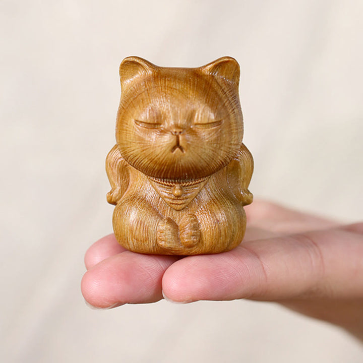 Buddha Stones Small Mini Green Sandalwood Lucky Cat Carved Soothing Decorations - image 9