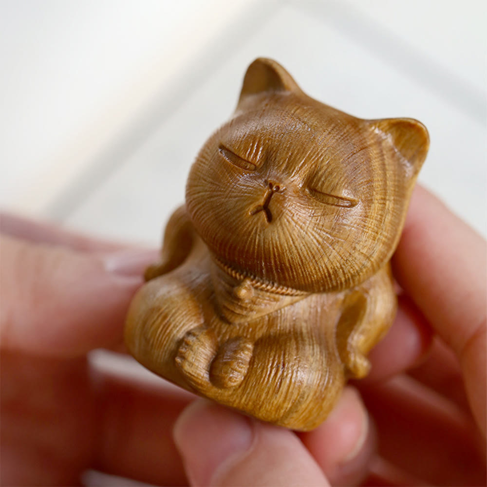 Buddha Stones Small Mini Green Sandalwood Lucky Cat Carved Soothing Decorations - image 10
