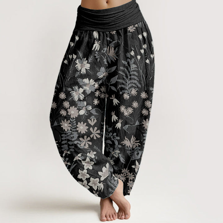 Buddha Stones Pure Cotton Casual Daisy Flowers Leaves Design Women's Elastic Waist Harem Pants