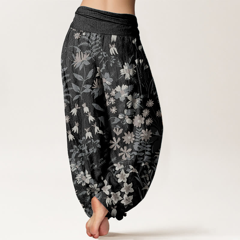 Buddha Stones Pure Cotton Casual Daisy Flowers Leaves Design Women's Elastic Waist Harem Pants