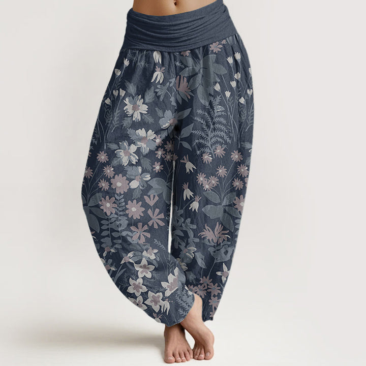 Buddha Stones Pure Cotton Casual Daisy Flowers Leaves Design Women's Elastic Waist Harem Pants