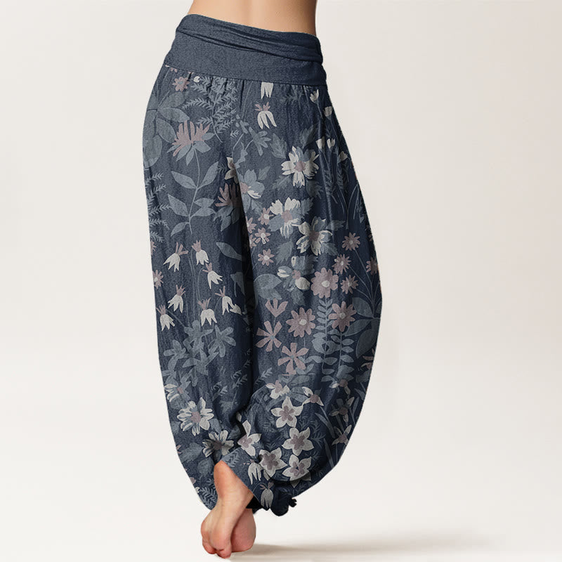 Buddha Stones Pure Cotton Casual Daisy Flowers Leaves Design Women's Elastic Waist Harem Pants