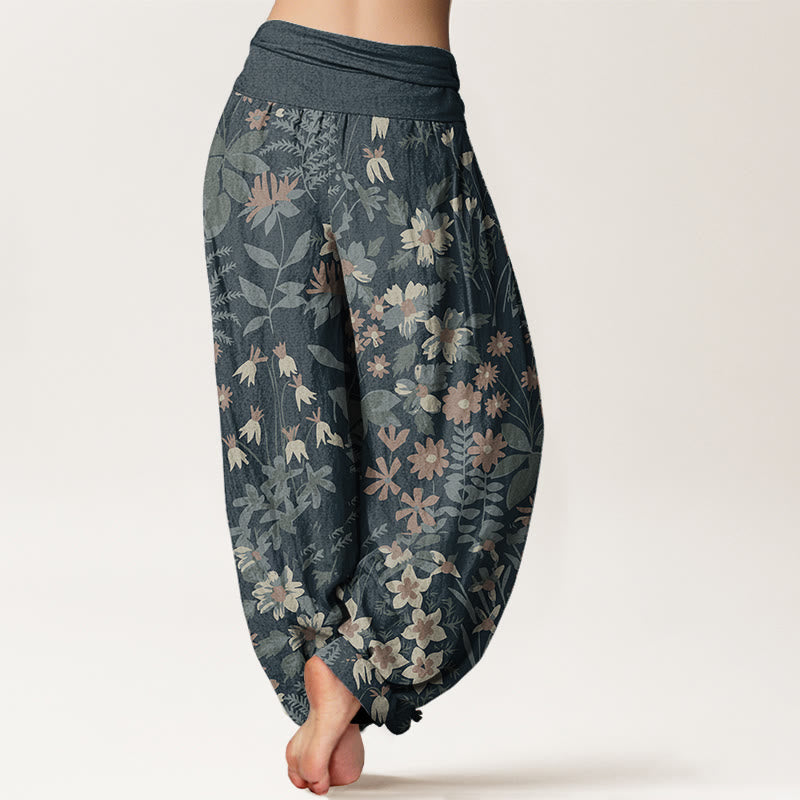 Buddha Stones Pure Cotton Casual Daisy Flowers Leaves Design Women's Elastic Waist Harem Pants