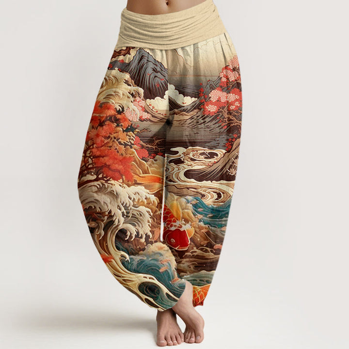 Buddha Stones Casual Blossoming Tree Koi Fish Wave Mountain Pattern Women's Elastic Waist Harem Pants - PaleGoldenrod - US22,UK/AU26,EU54 (6XL) - image 7