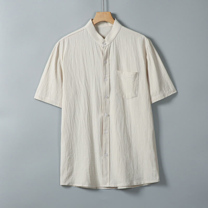 Buddha Stones Daily Printing Solid Color Single Breasted Men's Short Sleeve Cotton Linen Shirt WIth Pockets - Linen - US/UK/AU46,EU56 (5XL) - image 11