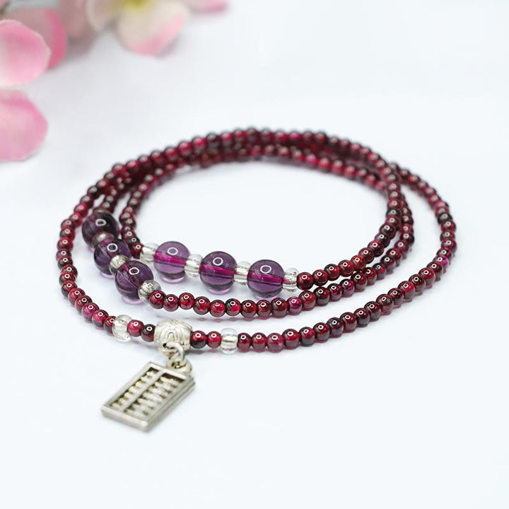 Buddha Stones Natural Garnet Elephant Abacus Lucky Bag PiXiu Protection Triple Wrap Bracelet