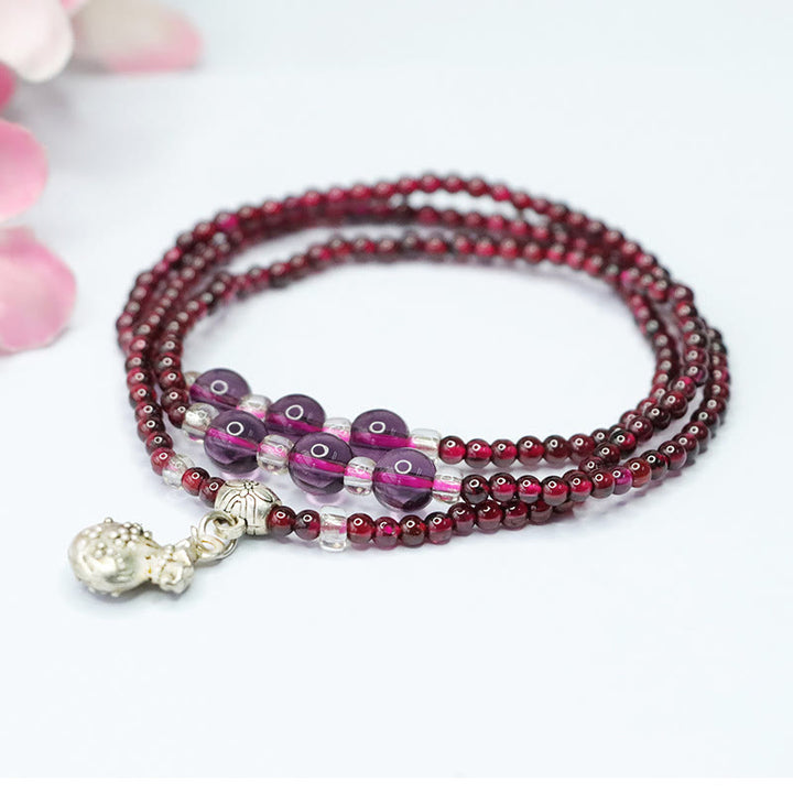 Buddha Stones Natural Garnet Elephant Abacus Lucky Bag PiXiu Protection Triple Wrap Bracelet