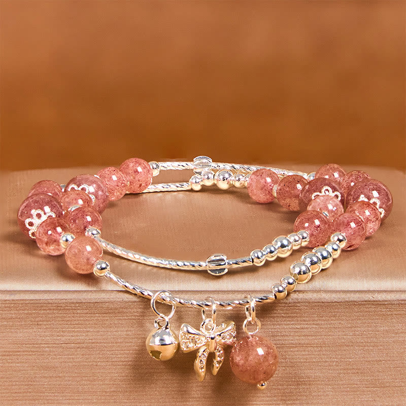Buddha Stones Natural Strawberry Quartz Bow-knot Rosette Charm Healing Double Wrap Bracelet
