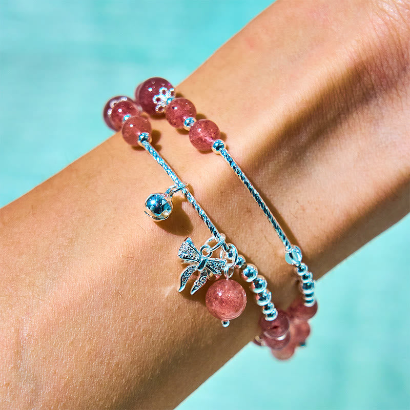 Buddha Stones Natural Strawberry Quartz Bow-knot Rosette Charm Healing Double Wrap Bracelet