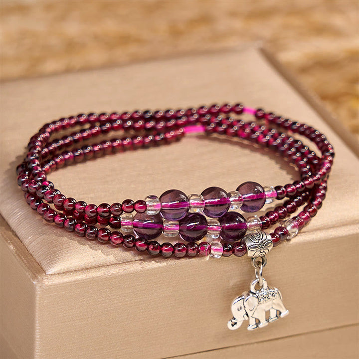 Buddha Stones Natural Garnet Elephant Abacus Lucky Bag PiXiu Protection Triple Wrap Bracelet