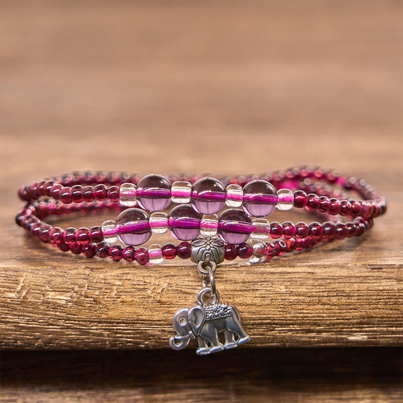 Buddha Stones Natural Garnet Elephant Abacus Lucky Bag PiXiu Protection Triple Wrap Bracelet