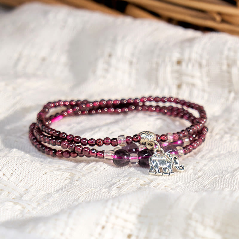 Buddha Stones Natural Garnet Elephant Abacus Lucky Bag PiXiu Protection Triple Wrap Bracelet