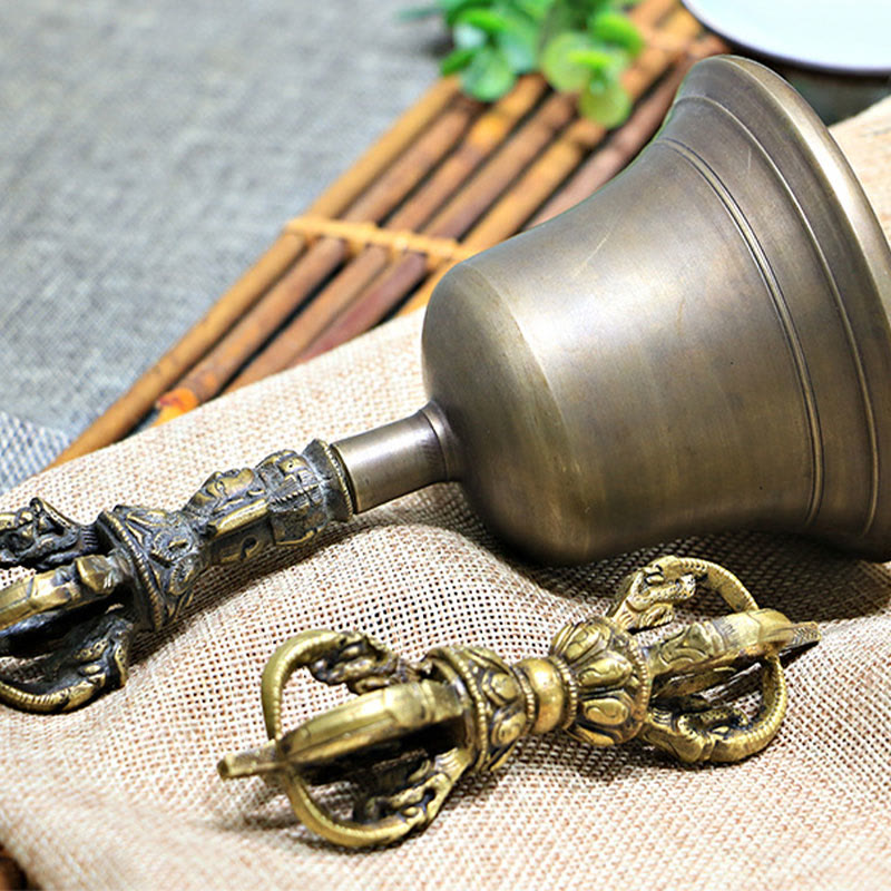Buddha Stones 2Pcs Handmade Tibetan Meditation Bell and Vajra Dorje Copper Strength Decoration Set