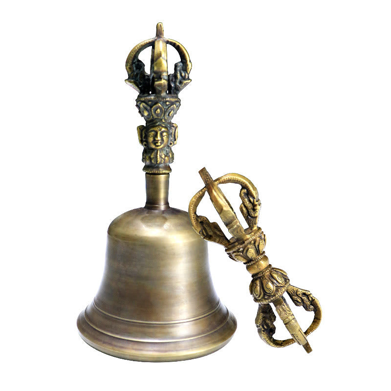 Buddha Stones 2Pcs Handmade Tibetan Meditation Bell and Vajra Dorje Copper Strength Decoration Set