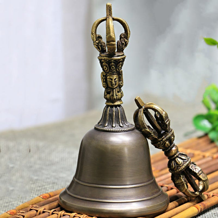 Buddha Stones 2Pcs Handmade Tibetan Meditation Bell and Vajra Dorje Copper Strength Decoration Set