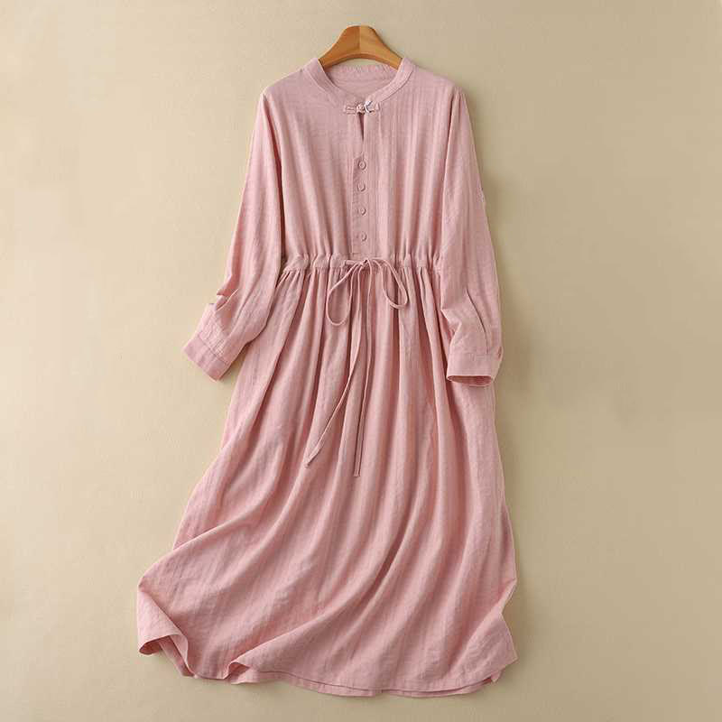 Buddha Stones Retro Solid Color Drawstring Frog-Button Design Long Sleeve Cotton Linen Midi Dress With Pockets - Salmon - US8-10,UK/AU12-14,EU40-42 (2XL) - image 19