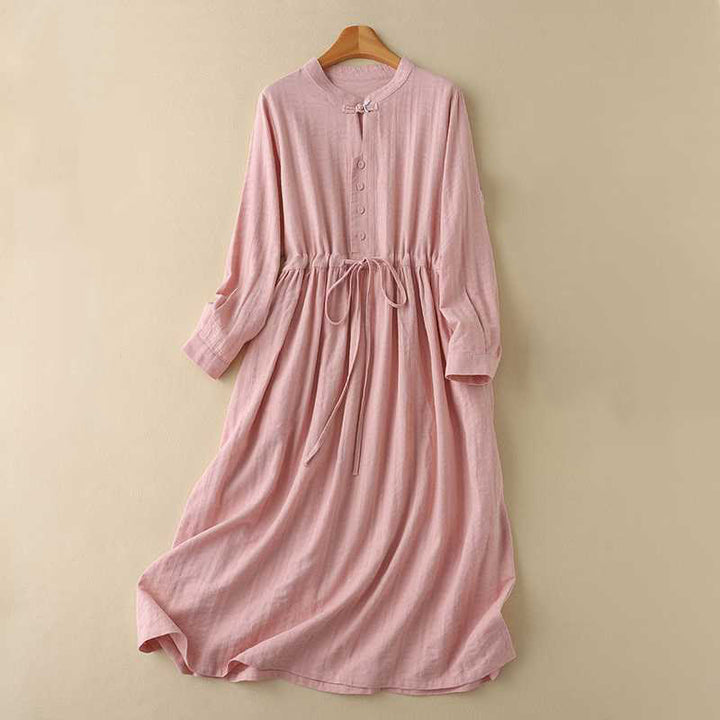 Buddha Stones Retro Solid Color Drawstring Frog-Button Design Long Sleeve Cotton Linen Midi Dress With Pockets - Salmon - US8-10,UK/AU12-14,EU40-42 (2XL) - image 19