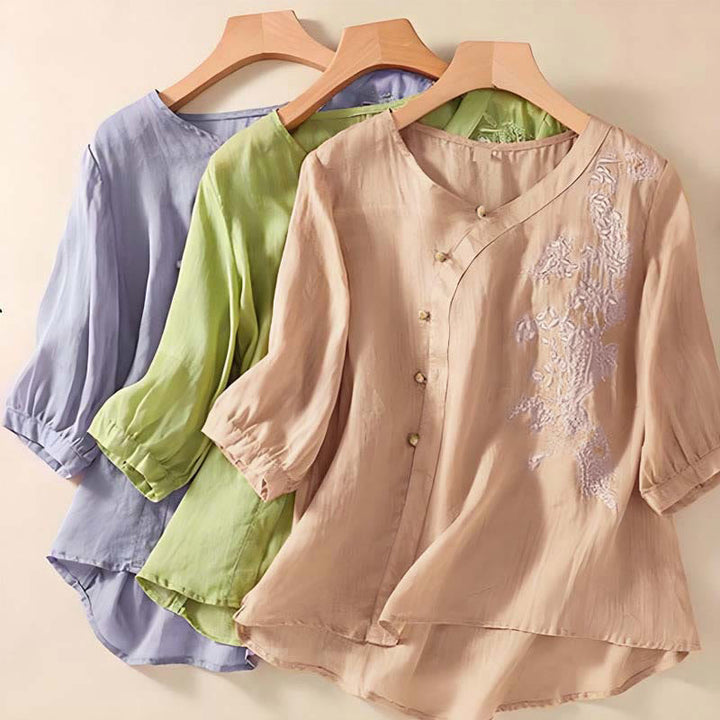 Buddha Stones Casual Loose Flower Embroidery Frog Button Short Sleeve Women's Shirt - image 8