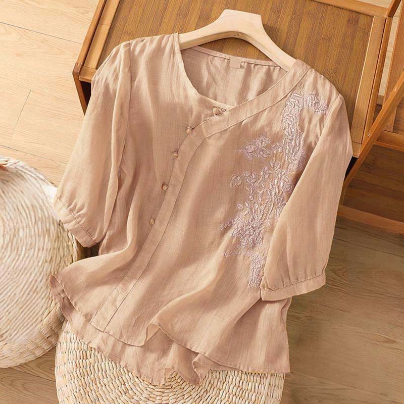 Buddha Stones Casual Loose Flower Embroidery Frog Button Short Sleeve Women's Shirt - image 7