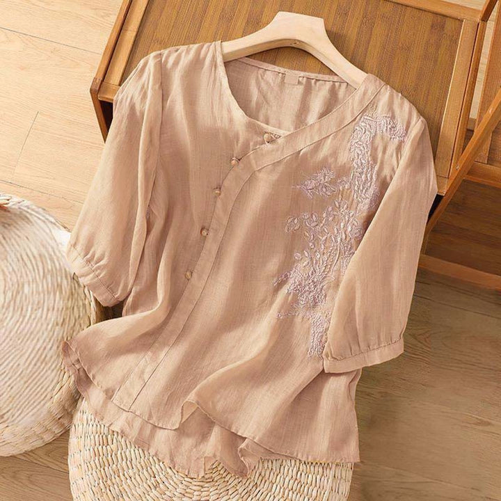 Buddha Stones Casual Loose Flower Embroidery Frog Button Short Sleeve Women's Shirt - image 7