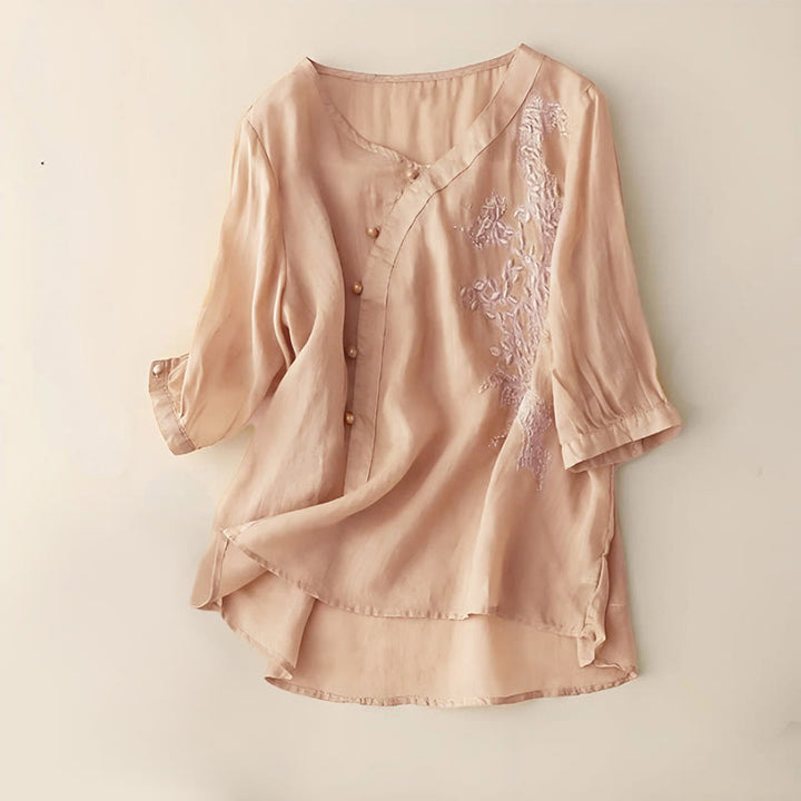 Buddha Stones Casual Loose Flower Embroidery Frog Button Short Sleeve Women's Shirt - Goldenrod - US14,UK/AU18,EU46 (4XL) - image 6