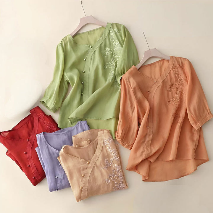 Buddha Stones Casual Loose Flower Embroidery Frog Button Short Sleeve Women's Shirt - image 11